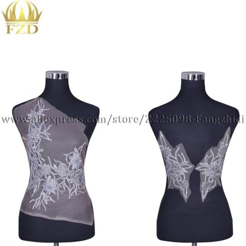 FZD 1 Set Handmade Sewing on Grey Front and Back Beaded Sewing Patches Applique Rhinestone Trim Glass Rhinestone Clothing Patch