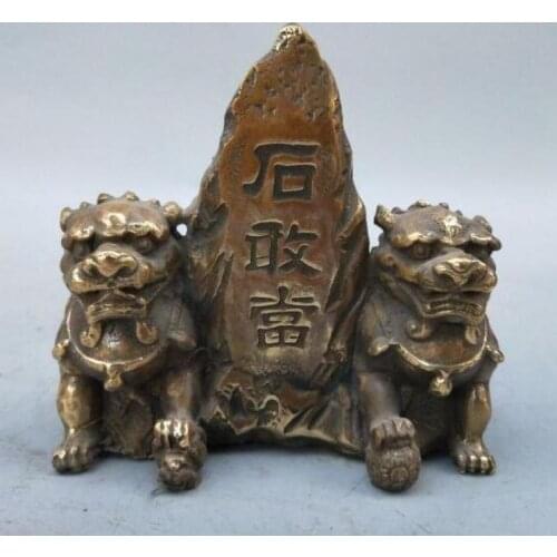 Chinese pure brass double lion shi gan dang Feng shui furnishing articles