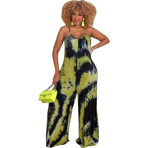 Spaghetti Strap Loose Rompers Womens Jumpsuit Casual Low Neck Sleeveless Wide Leg Bodysuit Summer Tie Dye Print Clubwear Outfit