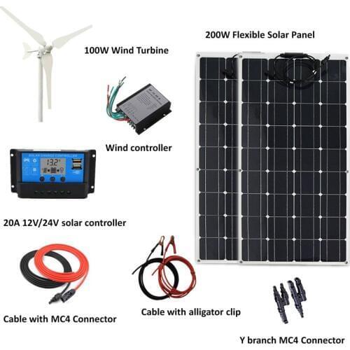 200W/H Hybrid System Kit: 100W Wind Turbine Generator+200W flexible Solar Panel+wind Controller+20A Solar controller+Accessories