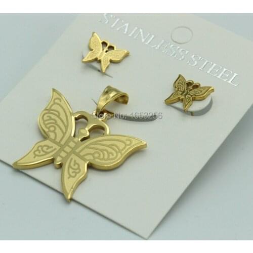 Hot sale Gold Stainless Steel butterfly design Long Necklace Pendant & Earring Charming Women Jewelry Set