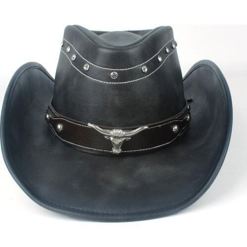 Unisex Men Women Leather Western Cowboy Hat Winter Outdoor Travel Outblack Jazz Sombrero Cowgirl Cap Size 58-59CM Black