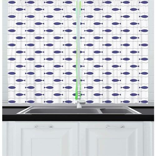 Nautical Curtains Fishes Wavy Lines Marine Living Room Decor Curtains Bedroom Window Drapes Curtains for Kitchen