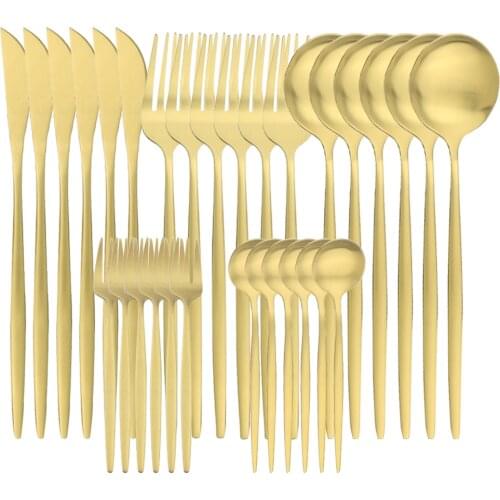 30Pcs Gold Dinnerware Matte Stainless Steel Cutlery Set Knives Cake Fork Spoons Dinner Flatware Set Kitchen Silverware Tableware