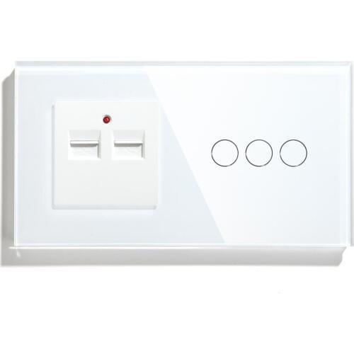 Bseed 3 Gang 1 Way 2 Way EU Wall Touch Switch With Two USB Socket Black White Golden Color With Crystal Panel 157mm