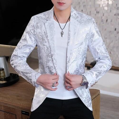 2021 New Mens Luxury Blazer Jacket Golden-Plating Floral British Slimming White Suit Coat Male Spring Summer Casual Clothing