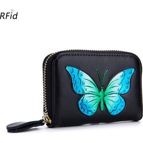 New Mini Genuine Leather Wallet with 3D Butterfly Printing Women Cowhide Clutch Bag with RIFD Card Holders Female Coin Purse
