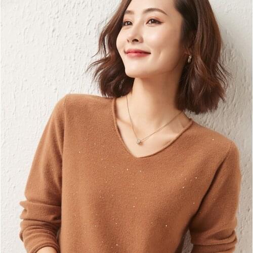 2021 Autumn Winter New V-Neck Long-Sleeved Knitted Pullover 100% Pure Wool Casual Cashmere Sweater With Sequins For Commuting