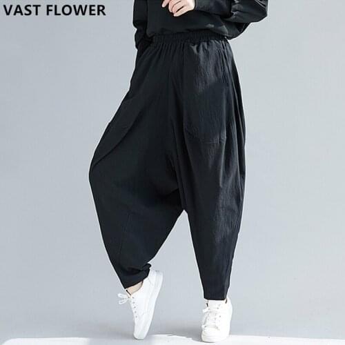 Oversize Women Pants Black Vintage Cotton Linen Spliced Korean Harem Pants Loose Casual Plus Size Ladies Trousers Spring 2021