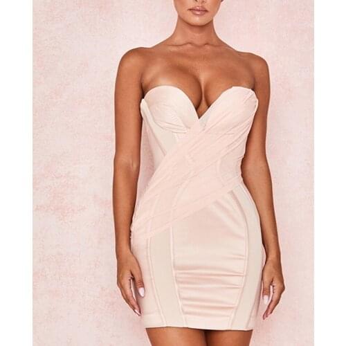 Seamyla Women Pink Mesh Strapless Sleeveless Sexy Dress 2020 New Summer Mini Bodycon Club Vestidos Evening Party Dresses