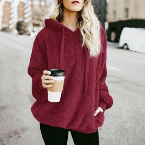 Women Warm Fleece Hooded Fluffy Hooded Sweatshirt Zipper Hoodies Winter Jumper