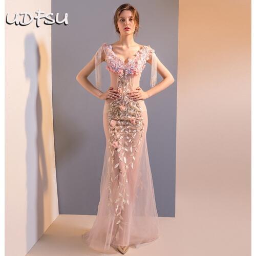 UDFSU Women V-Neck Off Shoulder Evening Dress Print Bodycon Tassel Party Gowns Vintage Backless Sexy Long Dresses