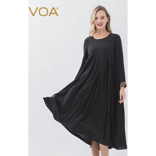 VOA Plus Size Silk Embroidery A Line dress women party woman night summer dresses Long Sleeve Black sukienki clothes A7521