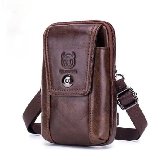 Cowhide mens belt bag leather multi-function phone single shoulder messenger belt bag