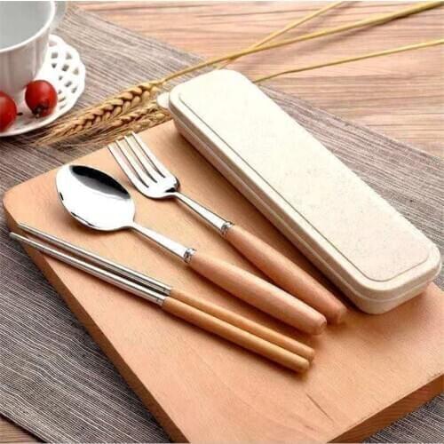 High Quality Wooden Handle Chopsticks Stainless Steel Tableware Portable Dining Out Tableware Box Kid School Flatware Cutlery