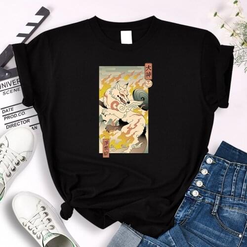 Flame Wolf Ukiyo-E Cartoon Printing T-Shirt Womens Big Size Cozy Skin-Friendly Tops Female Japan Harajukua Style O-Neck Slim Tee