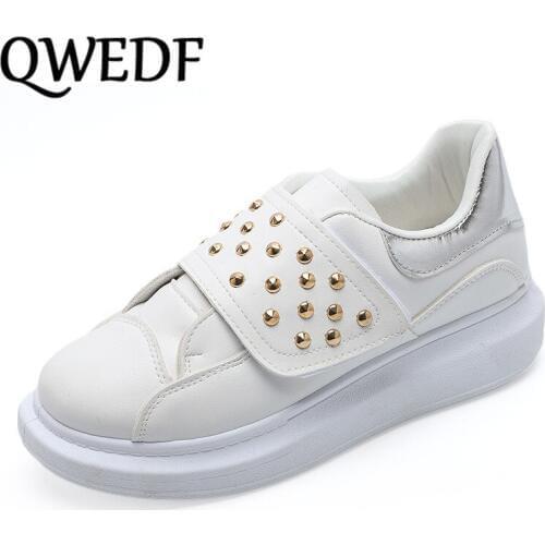 QWEDF 2019 Spring Fashion Women Casual Shoes Rivet Platform Breathable Women Sneakers Ladies White Trainers Womens Shoe D3-84