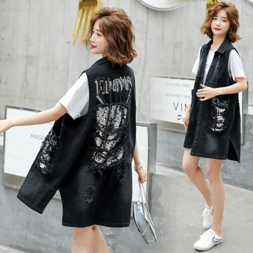 Embroidery Sequins Denim Vest For Women Vintage Hole Long Sleeveless Jeans Jacket Female Coat Spring Autumn Casual Waistcoat