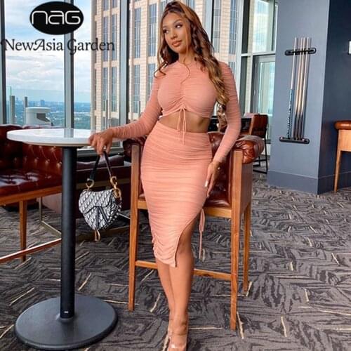 NewAsia Sexy Women Two Piece Set Mesh Ruched Back Sheer Top Drawstring Midi Skirt Side Split Bodycon Skirt Sets Party Costume