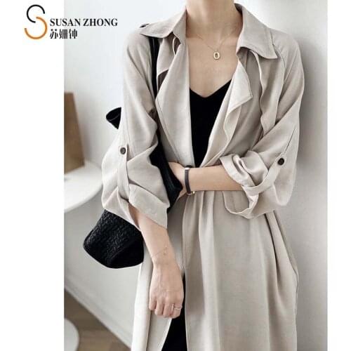 Women Trench Coat Lady Outwear 2021 Spring Summer Minimalist Office Straight Mid-Long Turn-Down Collar Open Stitch Cape Button