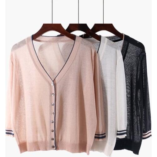 Knitted Sweaters Women Summer Thin Cardigan Fashion Air Conditioner Sunscreen V Neck Female Women’s Knitwear Ropa Mujer
