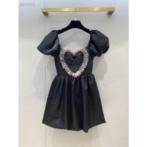 High-end Runway Designer Sweet Dress Women Square Collar Puff Short Sleeve Black Mini Summer Preppy Style Dresses