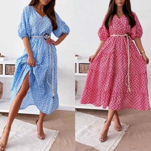 Sexy Tie-Up Belt Ruffle Dress 2021 Summer Fashion V Neck Floral Print Long Casual Dress Women Retro Puff Sleeve Beach Boho Dress