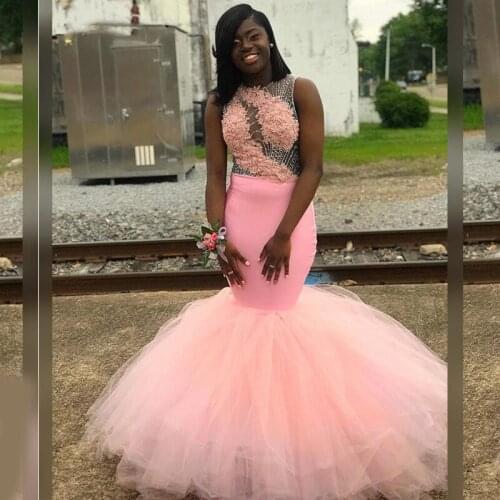 Pink Lace Beading Mermaid Prom Dress Party Gown Long Sexy Appliques Backless Tulle Sleeveless African Evening Dresses 2020