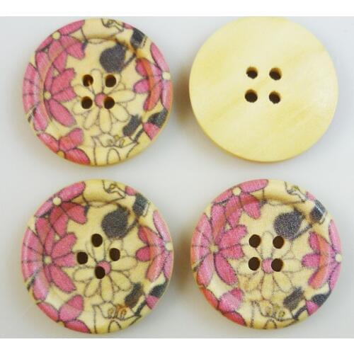 30PCS 25MM pink flower painting wooden buttons coat boots sewing clothes accessories MCB-331