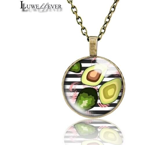 Avocado Necklace 643 25mm Bronze 30mm Wood Rhinestone Double-sided Moon Round Glass Pendant For Women Gift