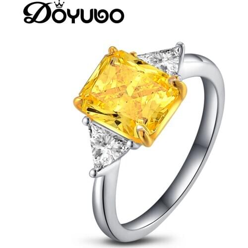 DOYUBO Fashion Women 925 Sterling Silver Wedding Ring With Squre Yellow Sona Diamond Lady Silver Engagement Ring Jewelry VB438