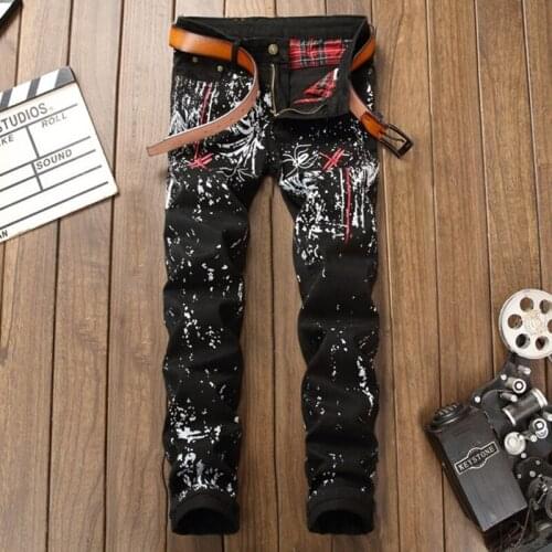 New Printed Embroider Jeans Mens Slim Korean Flower Pants Fashion Urban Black Casual Trousers Streetwears