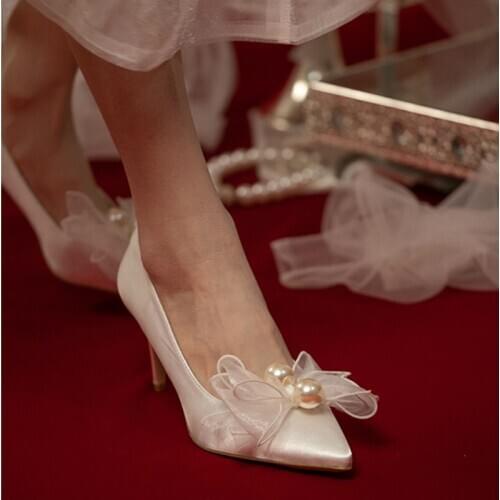 Elegant Silk Bow Pearl Women High Heels Pumps Pointed Toe Lolita Casual Wedding Bridal Shoes Romantic Zapatos De Mujer