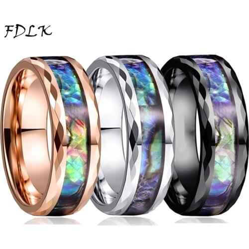 FDLK 8mm Beveled Inlaid Abalone Shell Stainless Steel Ring Silver Rose Gold Black Color Brushed Mens Wedding Band Jewelry