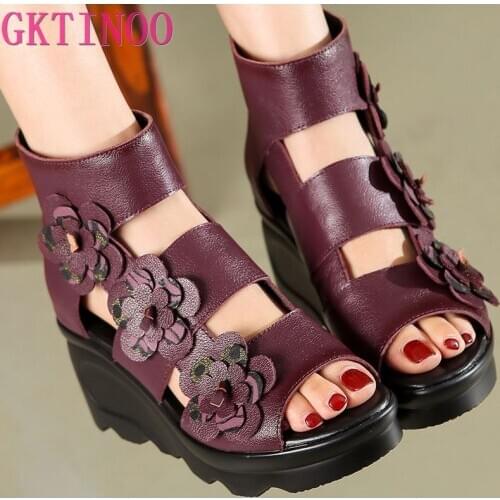 GKTINOO 2021 Ethnic Style Genuine Leather Women Shoes Sandals wedges Sandals Handmade Genuine Leather Personalized Women Sandal