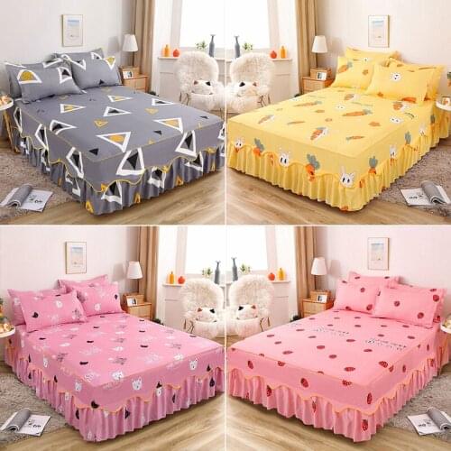 Lovely Cartoon Printed Ruffle Double Bed Sheet Set 3 Pcs Soft Comfortable Princess Bedspread Queen Size Bed skirt Pillowcases