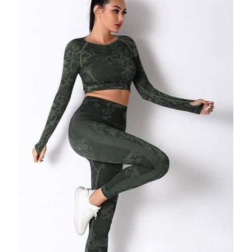 Women Seamless Yoga Sets Sport Long Sleeve Fitness Clothing High Waist Leggings Gym Camouflage Sportswear Running Workout Suit