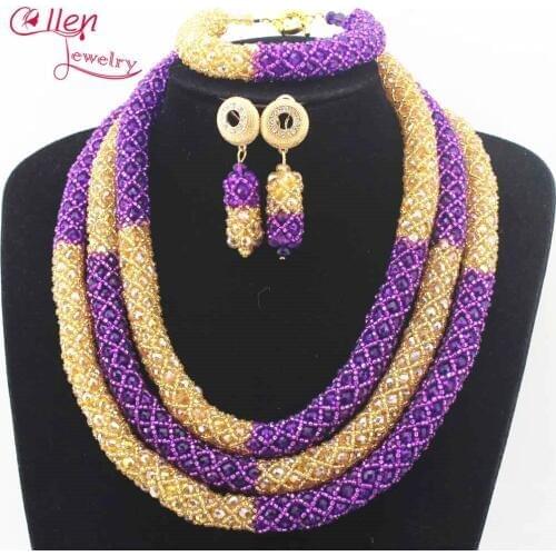 Purple and Champagne Nigerian Wedding African Beads Jewelry Set Handmade Dubai Bridal costume Necklace Bracelet Earrings N0003