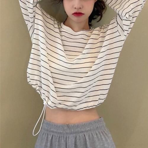 T-shirt Women Long Sleeve Crop Tops Casual Shirring Striped Adjustable Leisure Student Retro Streetwear Tees Female Clothing