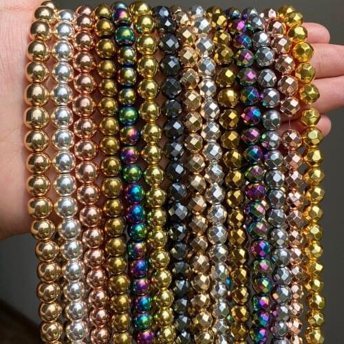 Natural Stones Rhodium Rose Gold Plated Hematite Round Loose Mineral Beads for Charms Bracelet DIY Jewelry Making 15''inch