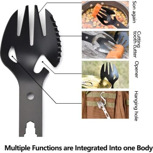 Outdoor Picnics Harpoon Rope Hole Camp Cooking Supplies Multifunctional Fork Spoon Tableware Bottle Opener Wrench Toothed Blade