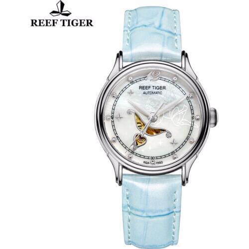 Reef Tiger Fashion and Elegant Automatic Watches Diamonds White MOP Dial Steel Watch For Ladies RGA1550