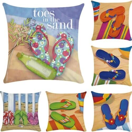 Fashion Beach Sea Wave Flip Flops Worn Here Slipper Burlap Cushion Cover Pillowcases Sunshine Cushion Tricot Home CR102