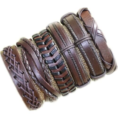 Handmade wholesale 6pcs/lot classic brown braid bangles ethnic tribal genuine adjustable leather bracelet for men -S96