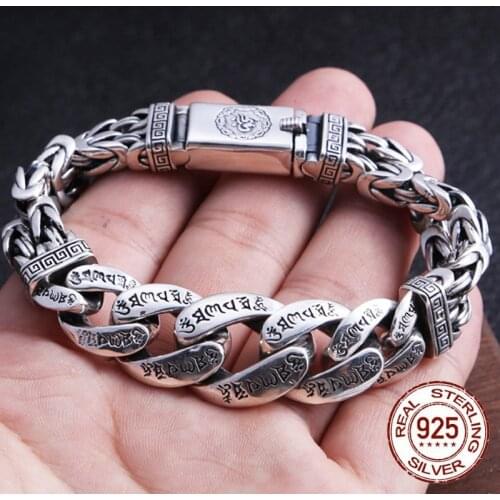 925 Sterling Thai Silver Mens Bracelet Simple Geometric Handcraft Panzer Chain Bracelets Fine Jewelry Hip-hop Punk Buddha Mantr