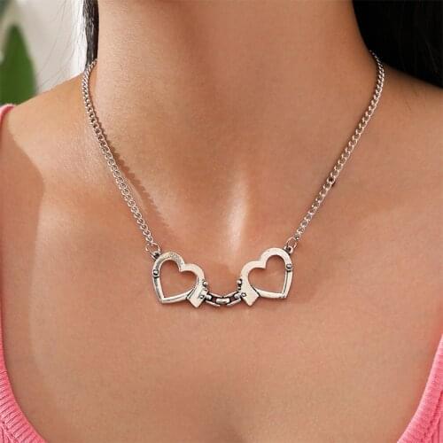 1 Pcs Women Necklaces Fashion Double Heart Handcuffs Pendant Clavicle Chain Silver Color Necklace Simple Party Female Jewelry