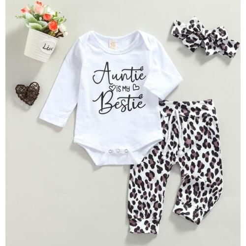 3 Pcs Set Newborn Baby Girls Casual Outfits Girls Letter Print Round Neck Long Sleeve Playsuit Tie-up Leopard Pants Headband Set