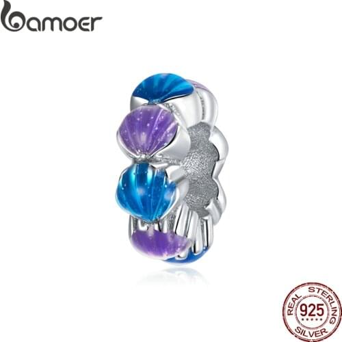 Bamoer 925 Sterling Silver Enamel Dream Shell Beads Marine Life Blue Purple Charm Pendant for Bracelet Bangle Jewelry BSC431