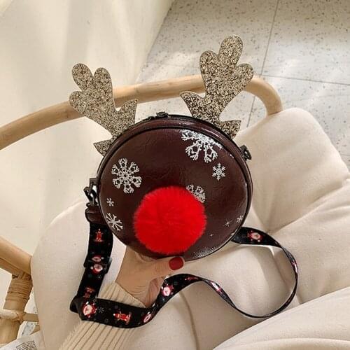 3D Cartoon Women Round Small Messenger Bag Christmas Elk Pattern Zipper PU Leather Cute Crossbody Shoulder Bag for Girl 2021