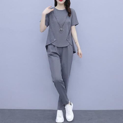 Pants Sets Plus Size 2021 Summer Sport Leisure Fashion Simple Belly Covering Two Piece Tracksuit Women Clothing Crop Top Blouses